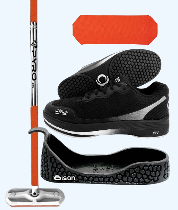 Rookie Bundle - Women's Left Hand - Orange Fiberglass Broom -  Black Voltaje Shoes - Choice of Gripper Colour
